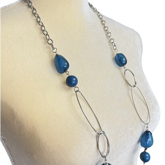 Statement Silver Tone chain Bead Blue Necklace 45 in + 2.5 in Ext. - Picture 6 of 10